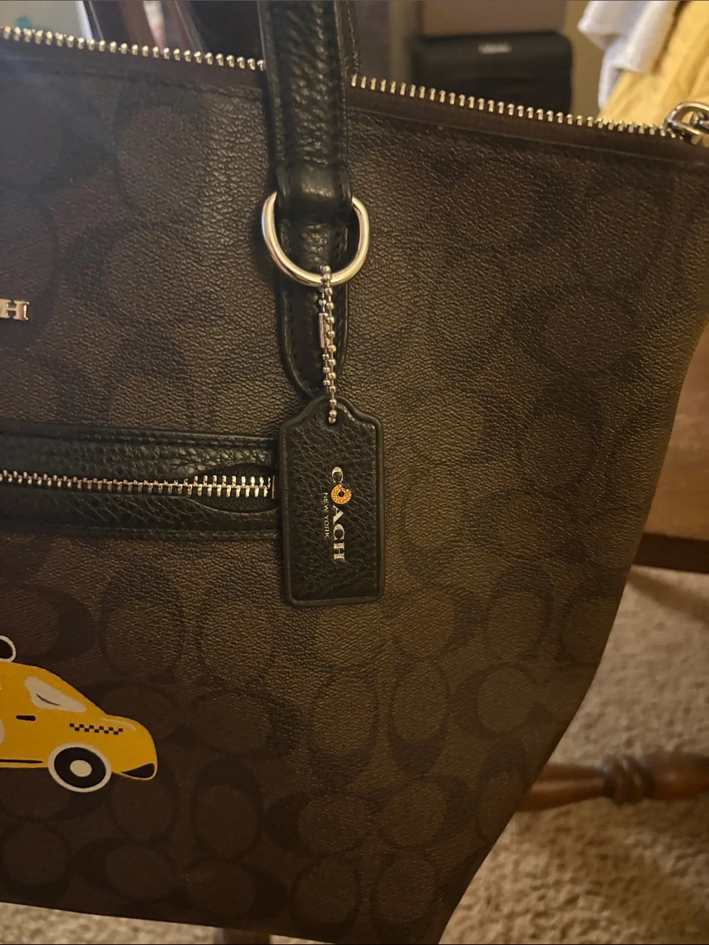 Coach Brown Signature Tote with Black Straps and Yellow Taxi Patch